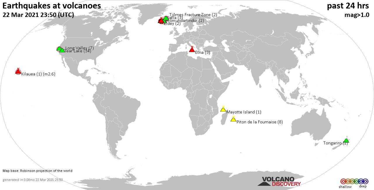 World map showing volcanoes with shallow (less than 20 km) earthquakes within 20 km radius  during the past 24 hours on 22 Mar 2021 Number in brackets indicate nr of quakes.
