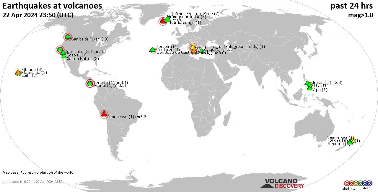 World map showing volcanoes with shallow (less than 50 km) earthquakes within 20 km radius  during the past 24 hours on 22 Apr 2024 Number in brackets indicate nr of quakes.