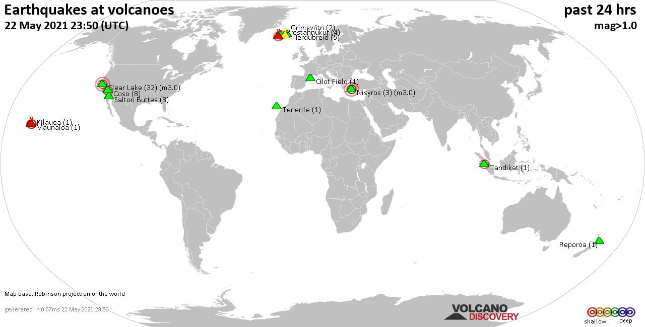 World map showing volcanoes with shallow (less than 20 km) earthquakes within 20 km radius  during the past 24 hours on 22 May 2021 Number in brackets indicate nr of quakes.