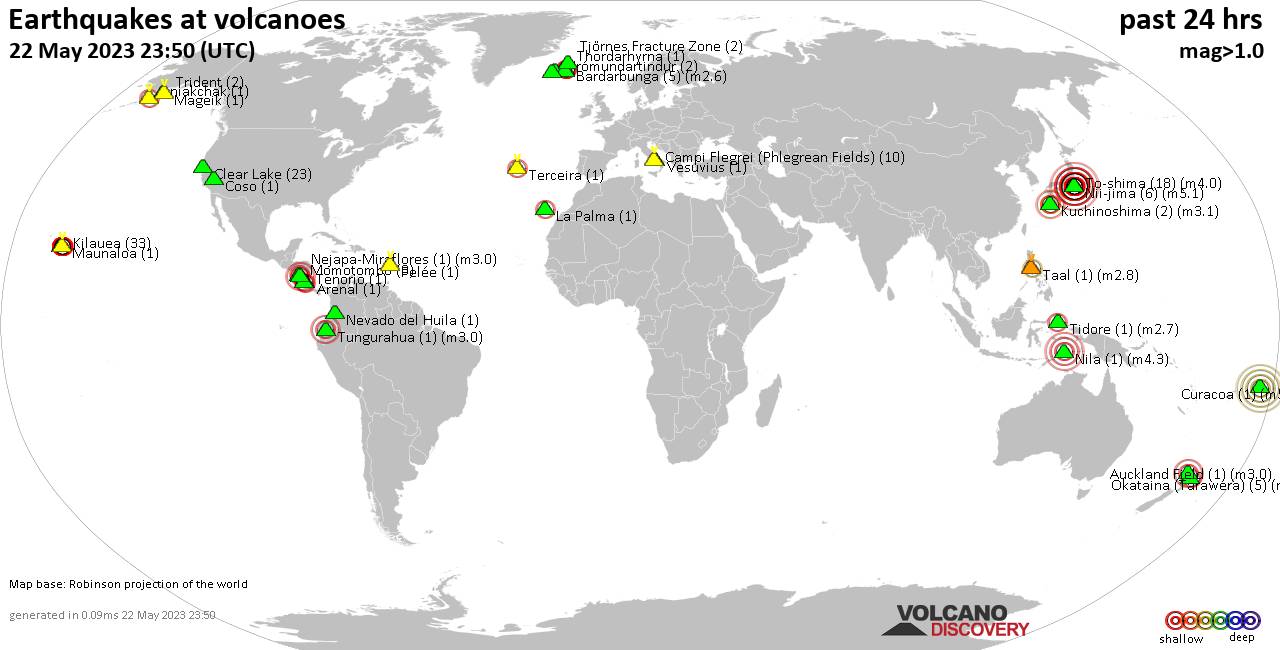 World map showing volcanoes with shallow (less than 50 km) earthquakes within 20 km radius  during the past 24 hours on 22 May 2023 Number in brackets indicate nr of quakes.