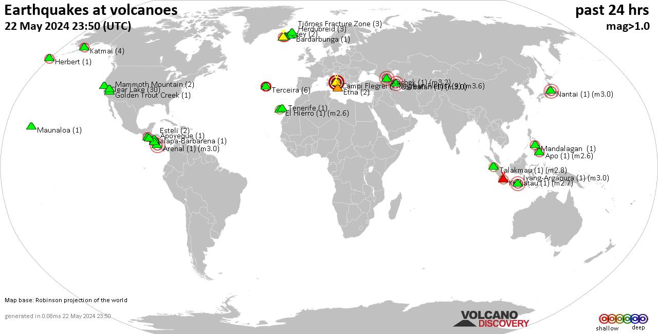 World map showing volcanoes with shallow (less than 50 km) earthquakes within 20 km radius  during the past 24 hours on 22 May 2024 Number in brackets indicate nr of quakes.
