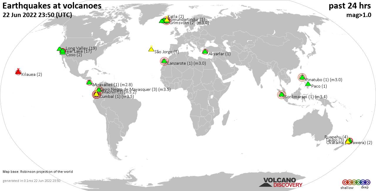 World map showing volcanoes with shallow (less than 50 km) earthquakes within 20 km radius  during the past 24 hours on 22 Jun 2022 Number in brackets indicate nr of quakes.