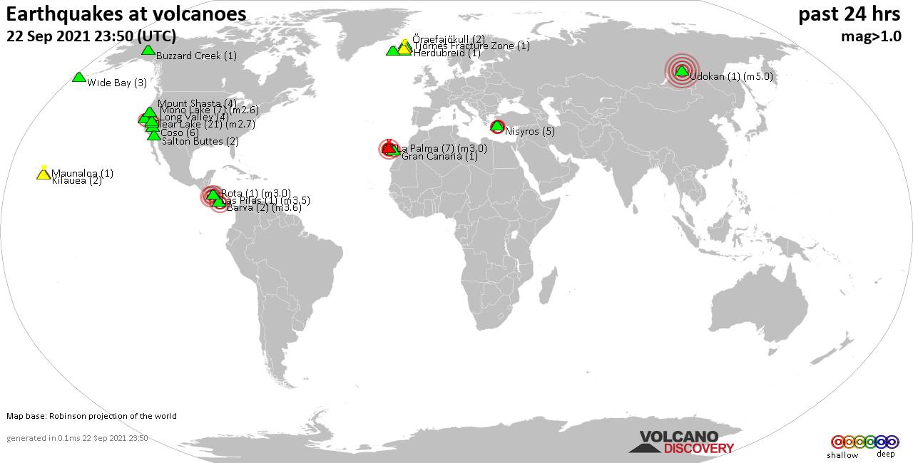 World map showing volcanoes with shallow (less than 20 km) earthquakes within 20 km radius  during the past 24 hours on 22 Sep 2021 Number in brackets indicate nr of quakes.