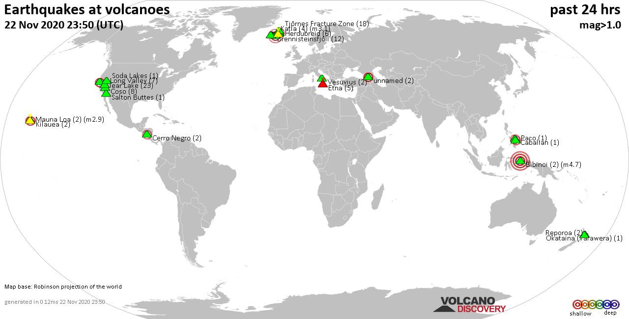World map showing volcanoes with shallow (less than 20 km) earthquakes within 20 km radius  during the past 24 hours on 22 Nov 2020 Number in brackets indicate nr of quakes.