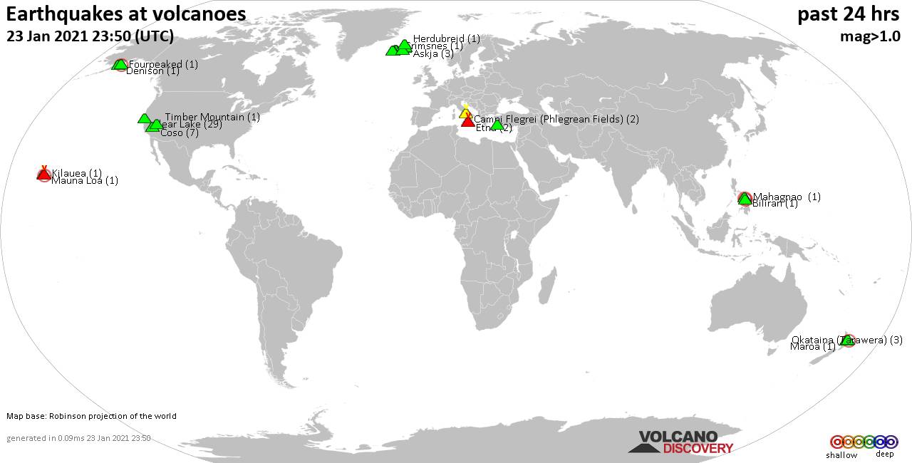 World map showing volcanoes with shallow (less than 20 km) earthquakes within 20 km radius  during the past 24 hours on 23 Jan 2021 Number in brackets indicate nr of quakes.