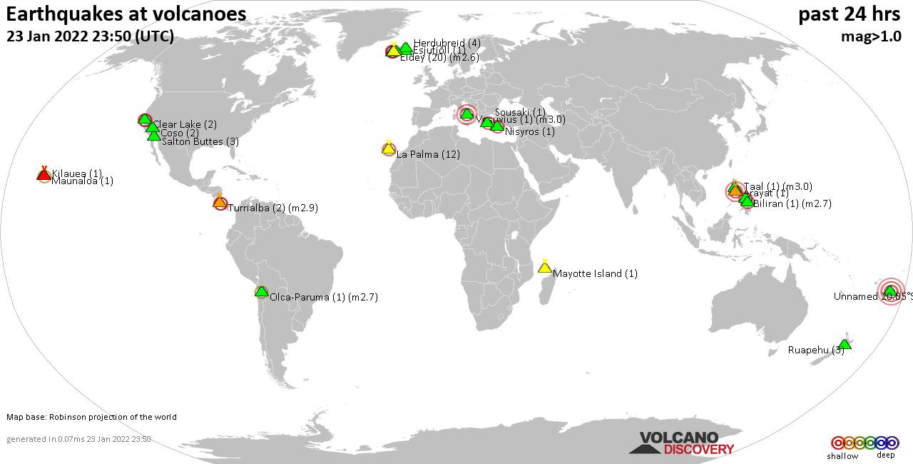 World map showing volcanoes with shallow (less than 50 km) earthquakes within 20 km radius  during the past 24 hours on 23 Jan 2022 Number in brackets indicate nr of quakes.