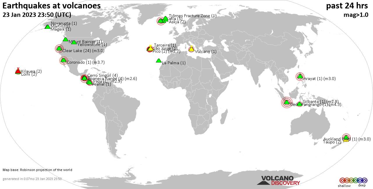 World map showing volcanoes with shallow (less than 50 km) earthquakes within 20 km radius  during the past 24 hours on 23 Jan 2023 Number in brackets indicate nr of quakes.