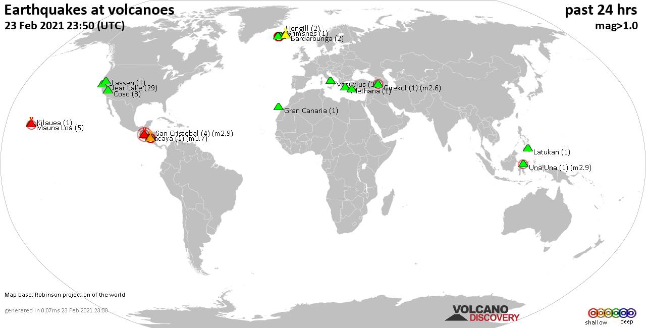 World map showing volcanoes with shallow (less than 20 km) earthquakes within 20 km radius  during the past 24 hours on 23 Feb 2021 Number in brackets indicate nr of quakes.