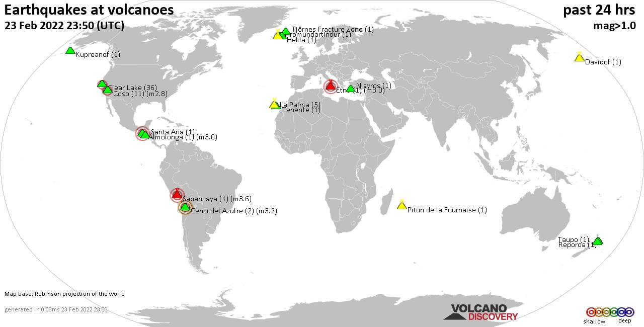 World map showing volcanoes with shallow (less than 50 km) earthquakes within 20 km radius  during the past 24 hours on 23 Feb 2022 Number in brackets indicate nr of quakes.
