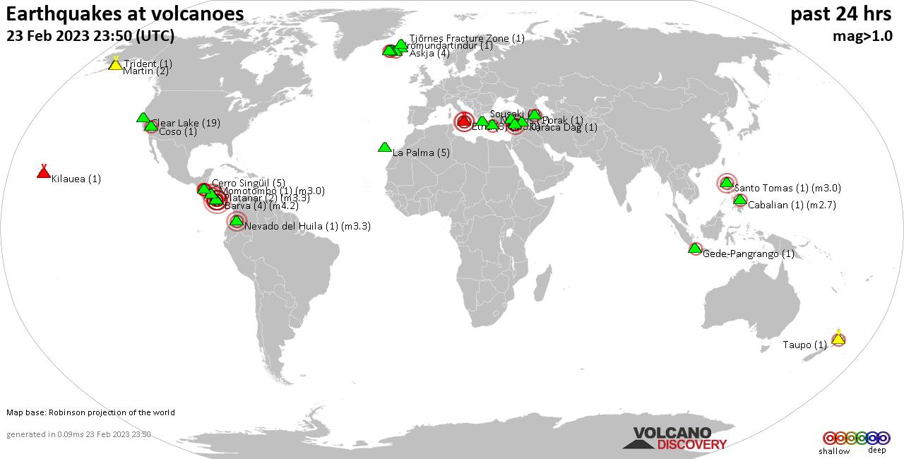 World map showing volcanoes with shallow (less than 50 km) earthquakes within 20 km radius  during the past 24 hours on 23 Feb 2023 Number in brackets indicate nr of quakes.