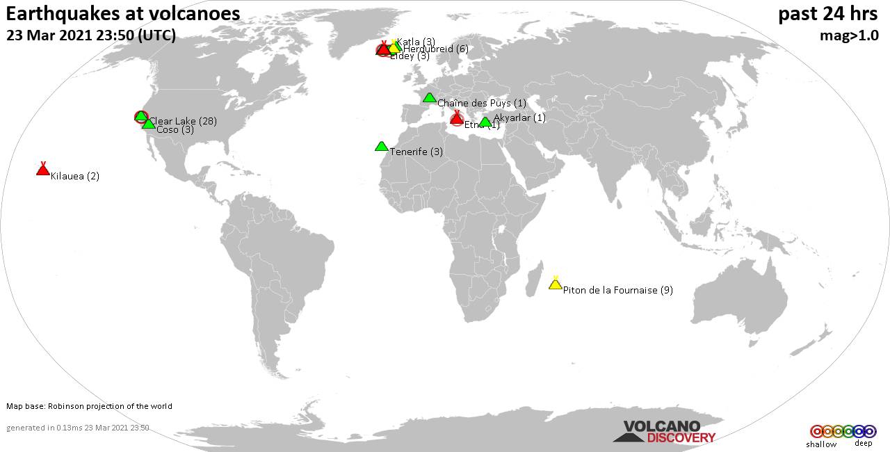 Peta dunia menunjukkan gunung berapi dengan gempa dangkal (kurang dari 20 km) dalam radius 20 km dalam 24 jam terakhir pada tanggal 23 Maret 2021, yang menunjukkan jumlah gempa dalam tanda kurung.