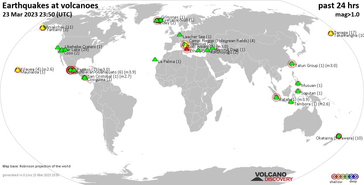 World map showing volcanoes with shallow (less than 50 km) earthquakes within 20 km radius  during the past 24 hours on 23 Mar 2023 Number in brackets indicate nr of quakes.