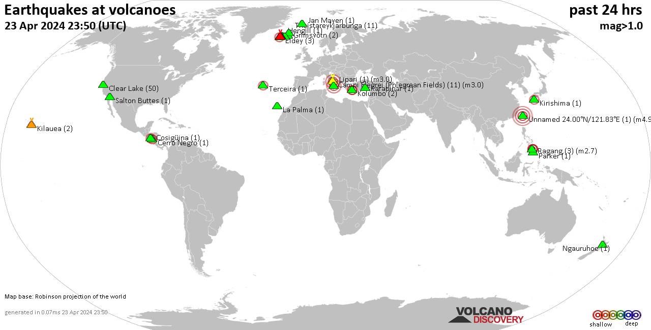 World map showing volcanoes with shallow (less than 50 km) earthquakes within 20 km radius  during the past 24 hours on 23 Apr 2024 Number in brackets indicate nr of quakes.