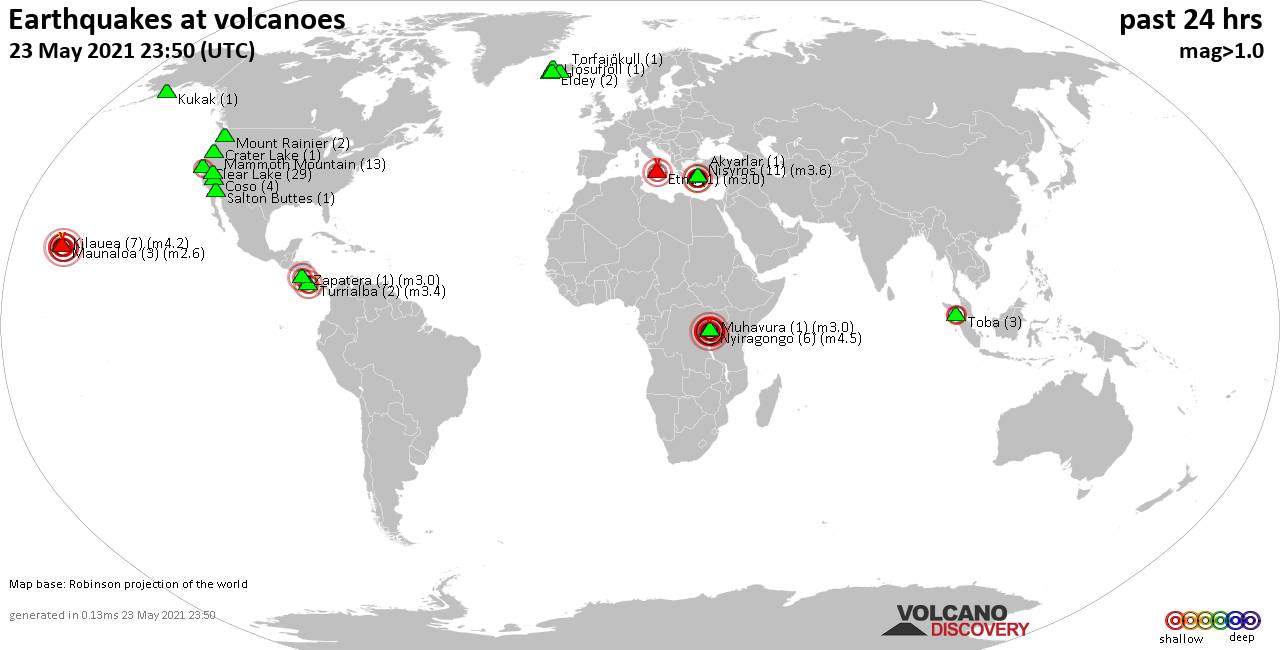 World map showing volcanoes with shallow (less than 20 km) earthquakes within 20 km radius  during the past 24 hours on 23 May 2021 Number in brackets indicate nr of quakes.