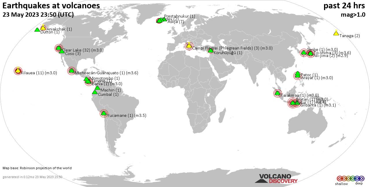World map showing volcanoes with shallow (less than 50 km) earthquakes within 20 km radius  during the past 24 hours on 23 May 2023 Number in brackets indicate nr of quakes.