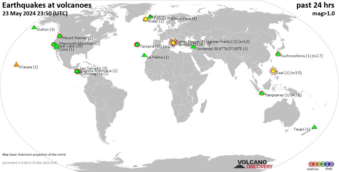 World map showing volcanoes with shallow (less than 50 km) earthquakes within 20 km radius  during the past 24 hours on 23 May 2024 Number in brackets indicate nr of quakes.