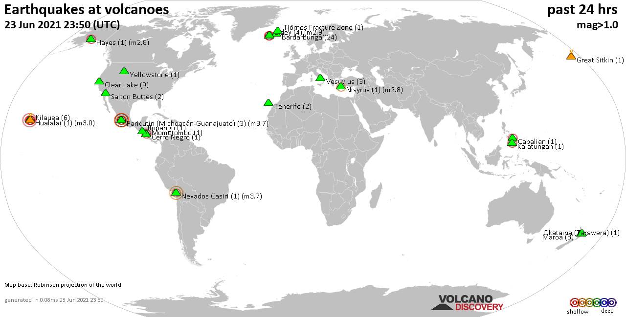 World map showing volcanoes with shallow (less than 20 km) earthquakes within 20 km radius  during the past 24 hours on 23 Jun 2021 Number in brackets indicate nr of quakes.