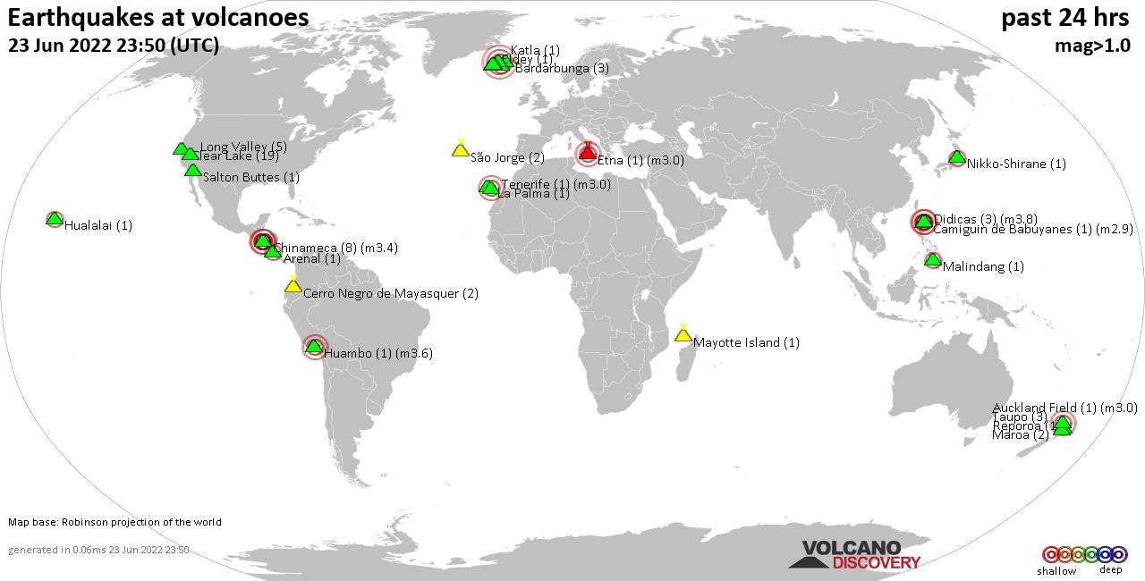 World map showing volcanoes with shallow (less than 50 km) earthquakes within 20 km radius  during the past 24 hours on 23 Jun 2022 Number in brackets indicate nr of quakes.
