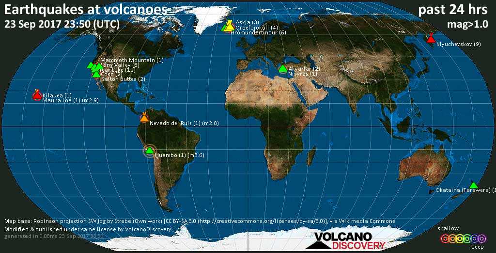 World map showing volcanoes with shallow (less than 20 km) earthquakes within 20 km radius  during the past 24 hours on 23 Sep 2017 Number in brackets indicate nr of quakes.
