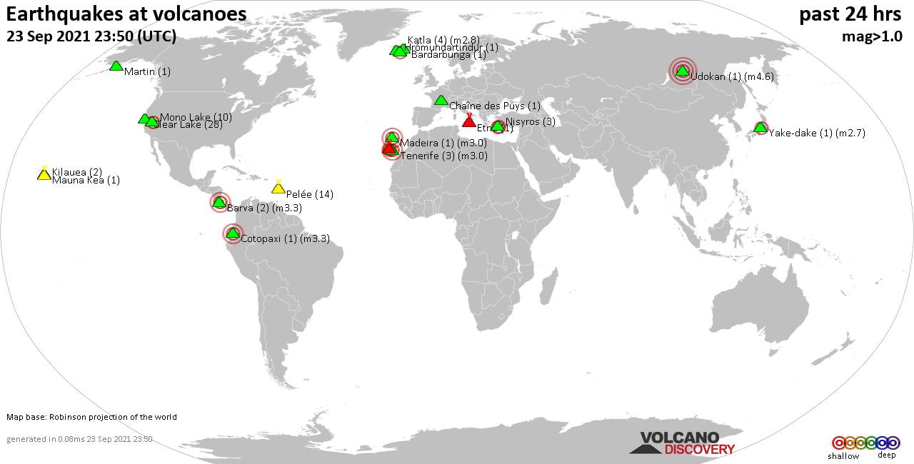 World map showing volcanoes with shallow (less than 20 km) earthquakes within 20 km radius  during the past 24 hours on 23 Sep 2021 Number in brackets indicate nr of quakes.