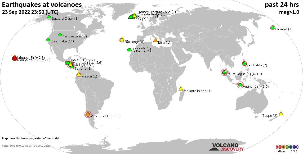 World map showing volcanoes with shallow (less than 50 km) earthquakes within 20 km radius  during the past 24 hours on 23 Sep 2022 Number in brackets indicate nr of quakes.