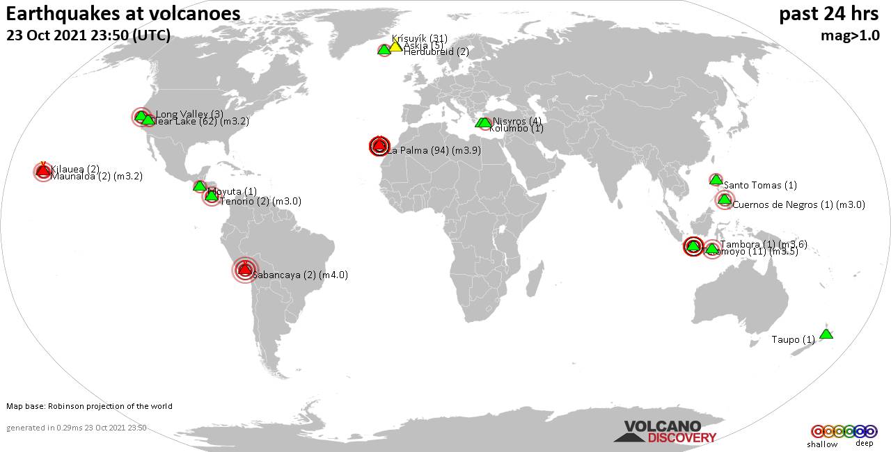 World map showing volcanoes with shallow (less than 20 km) earthquakes within 20 km radius  during the past 24 hours on 23 Oct 2021 Number in brackets indicate nr of quakes.