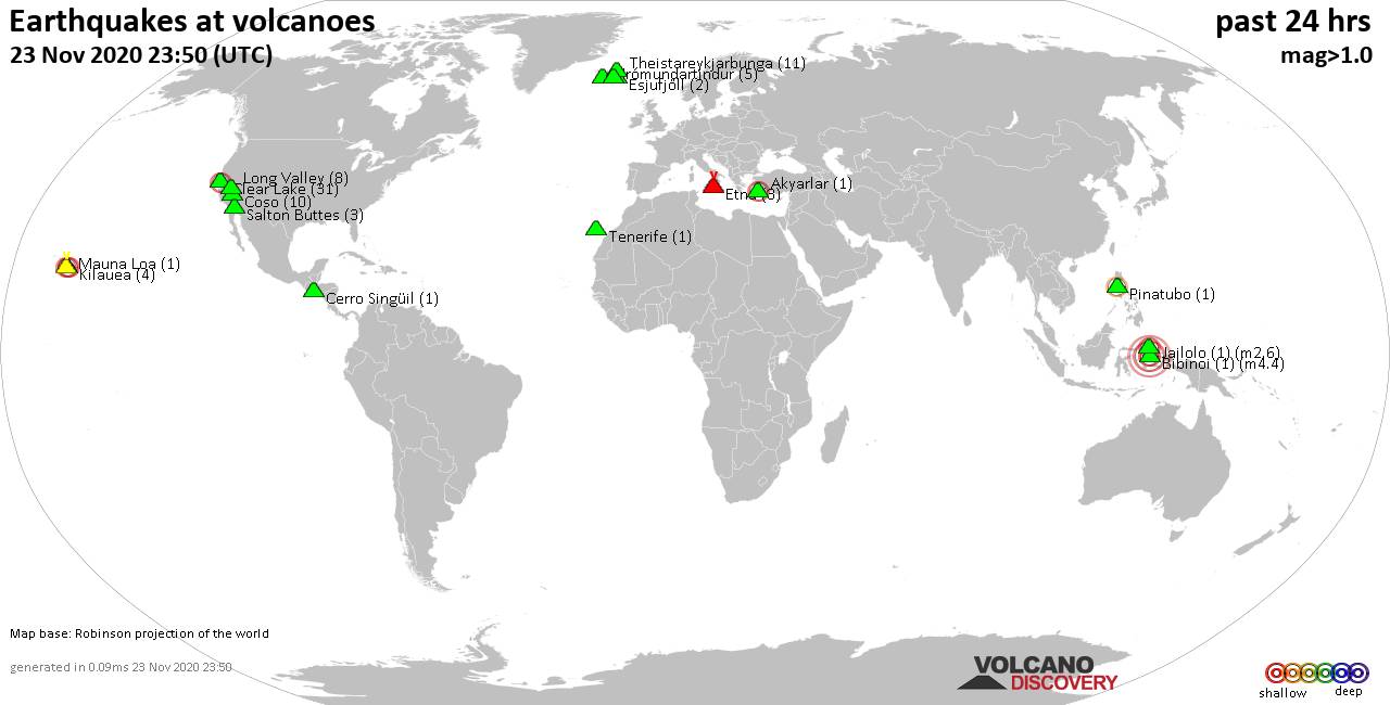 World map showing volcanoes with shallow (less than 20 km) earthquakes within 20 km radius  during the past 24 hours on 23 Nov 2020 Number in brackets indicate nr of quakes.