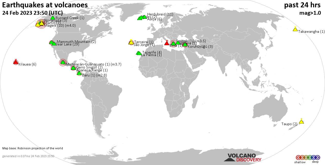 World map showing volcanoes with shallow (less than 50 km) earthquakes within 20 km radius  during the past 24 hours on 24 Feb 2023 Number in brackets indicate nr of quakes.