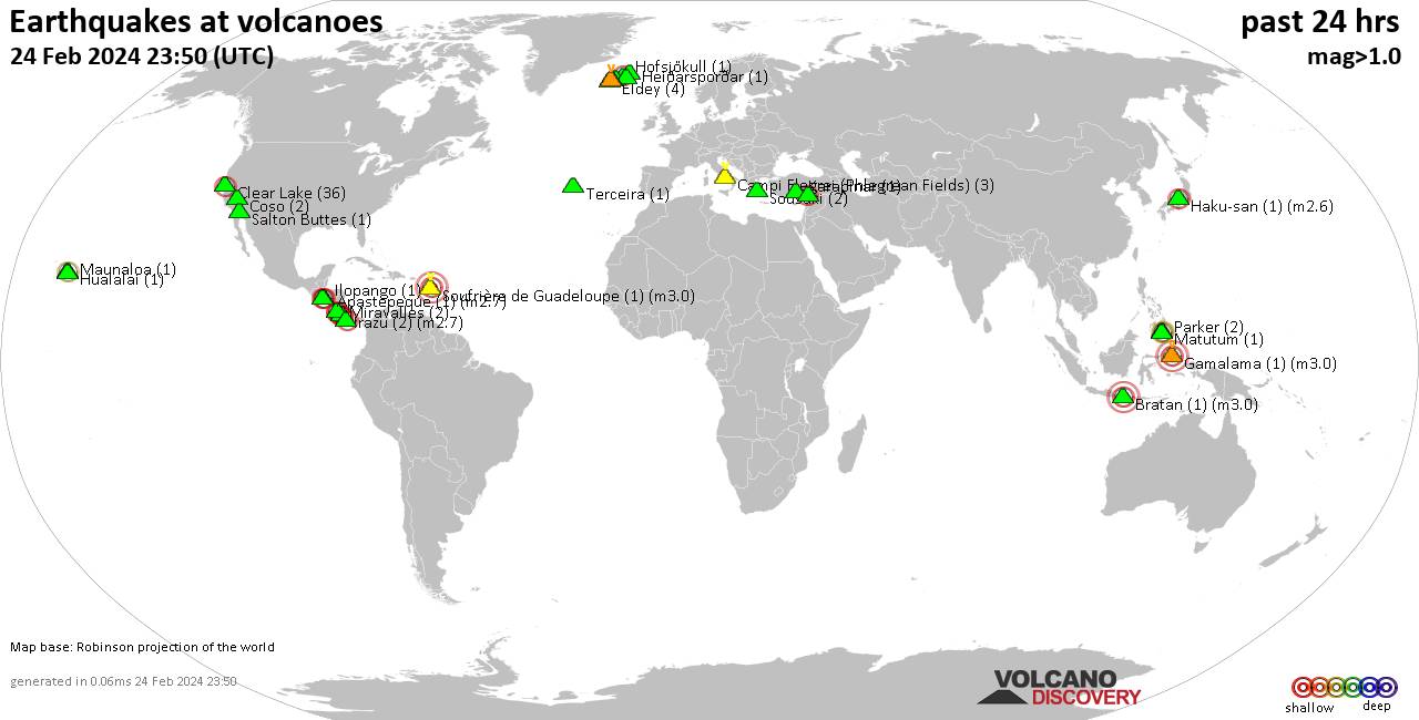 World map showing volcanoes with shallow (less than 50 km) earthquakes within 20 km radius  during the past 24 hours on 24 Feb 2024 Number in brackets indicate nr of quakes.