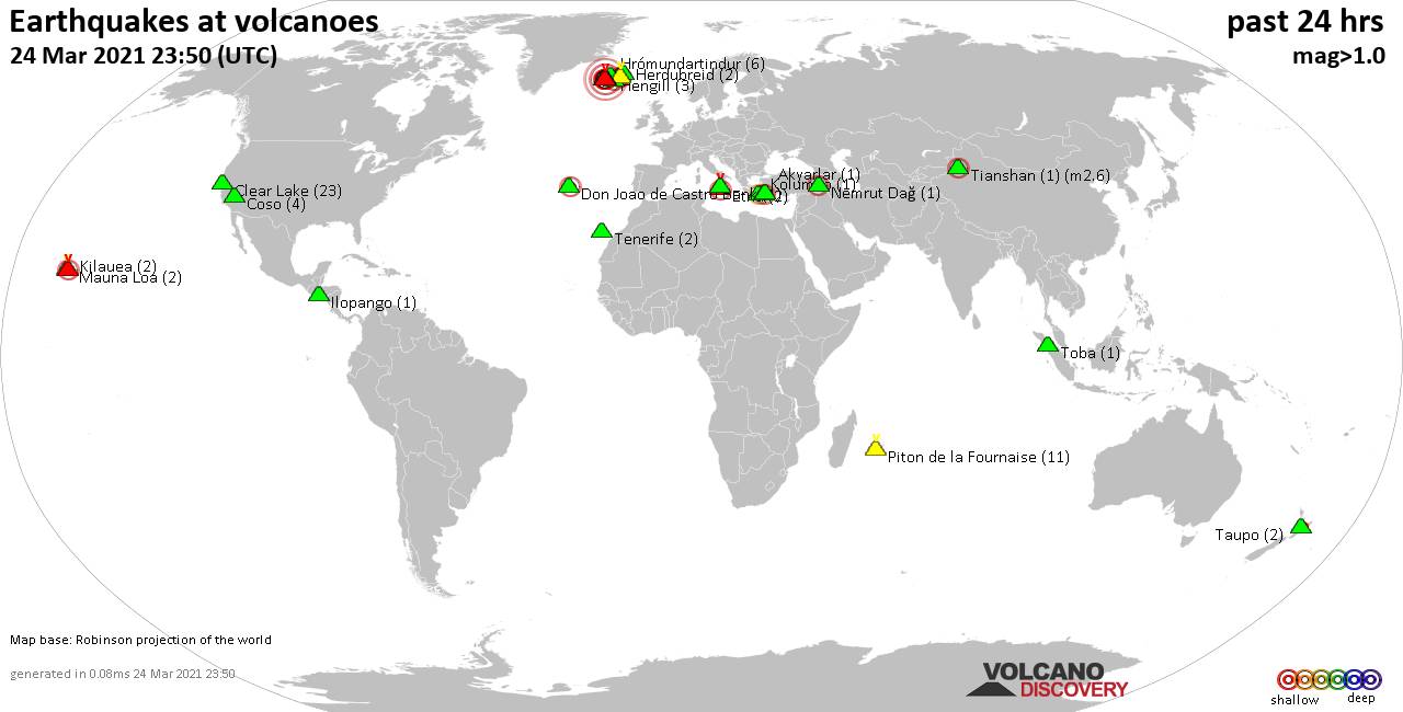 World map showing volcanoes with shallow (less than 20 km) earthquakes within 20 km radius  during the past 24 hours on 24 Mar 2021 Number in brackets indicate nr of quakes.