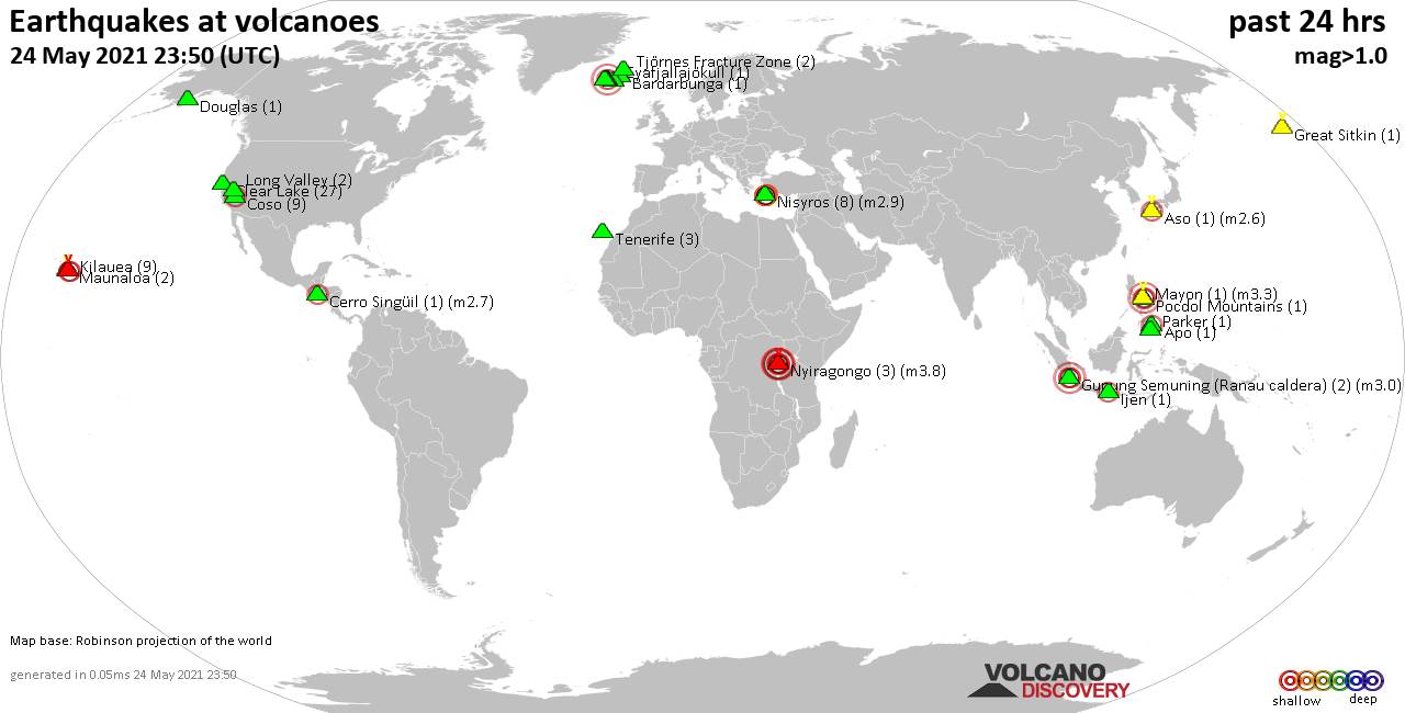 World map showing volcanoes with shallow (less than 20 km) earthquakes within 20 km radius  during the past 24 hours on 24 May 2021 Number in brackets indicate nr of quakes.