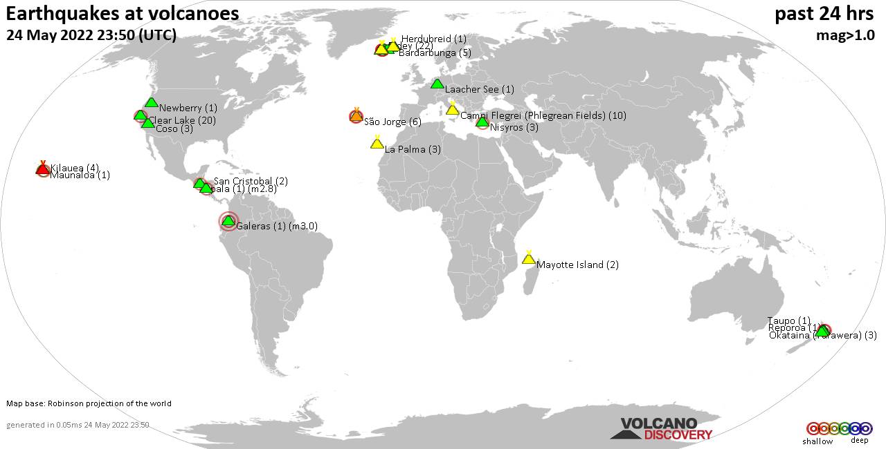 World map showing volcanoes with shallow (less than 50 km) earthquakes within 20 km radius  during the past 24 hours on 24 May 2022 Number in brackets indicate nr of quakes.