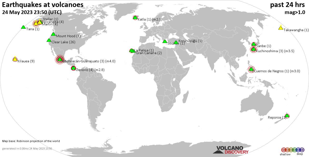 World map showing volcanoes with shallow (less than 50 km) earthquakes within 20 km radius  during the past 24 hours on 24 May 2023 Number in brackets indicate nr of quakes.