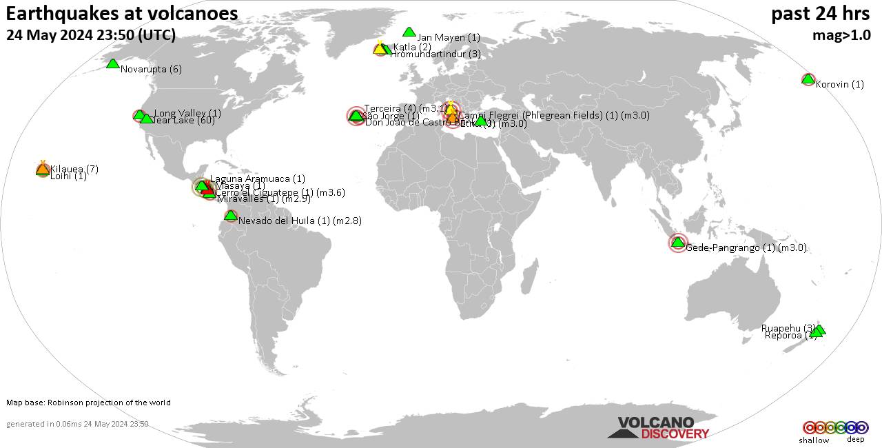 World map showing volcanoes with shallow (less than 50 km) earthquakes within 20 km radius  during the past 24 hours on 24 May 2024 Number in brackets indicate nr of quakes.