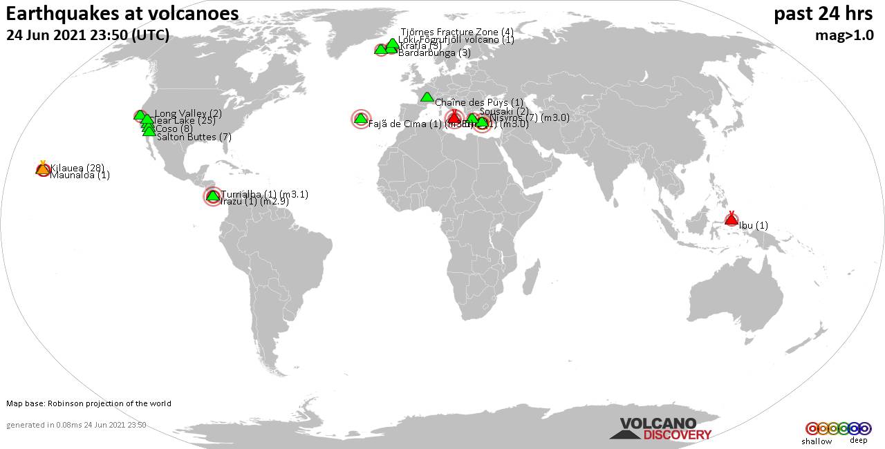 World map showing volcanoes with shallow (less than 20 km) earthquakes within 20 km radius  during the past 24 hours on 24 Jun 2021 Number in brackets indicate nr of quakes.