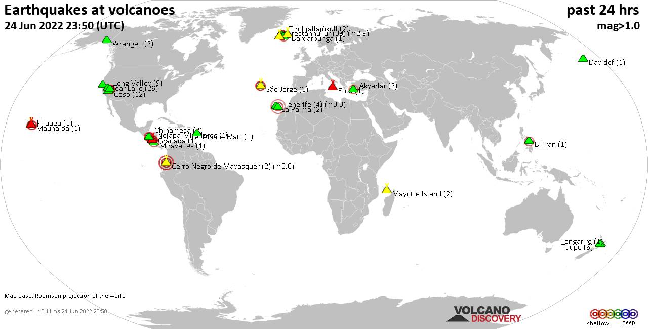World map showing volcanoes with shallow (less than 50 km) earthquakes within 20 km radius  during the past 24 hours on 24 Jun 2022 Number in brackets indicate nr of quakes.