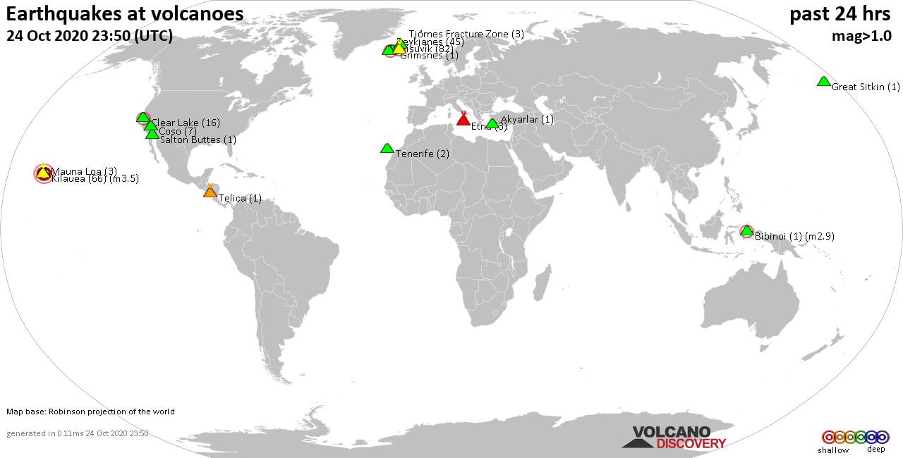 World map showing volcanoes with shallow (less than 20 km) earthquakes within 20 km radius  during the past 24 hours on 24 Oct 2020 Number in brackets indicate nr of quakes.
