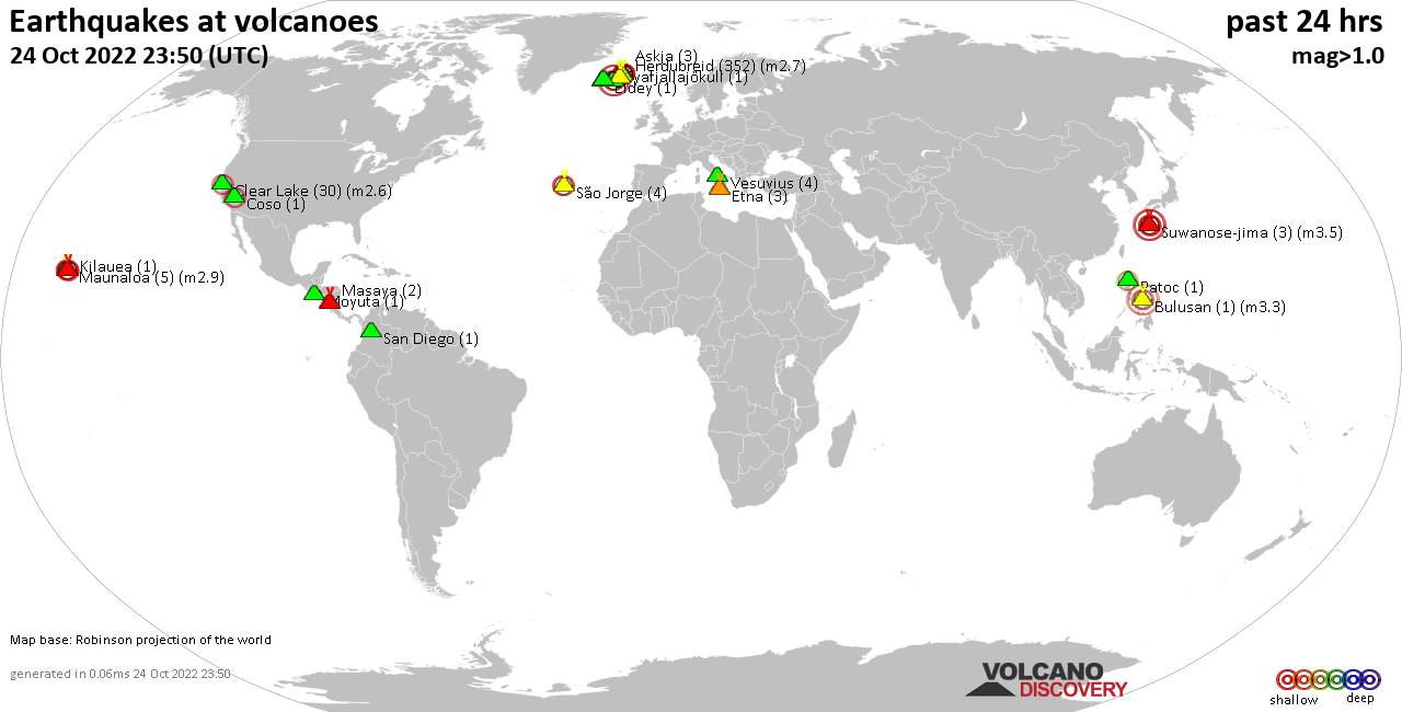 World map showing volcanoes with shallow (less than 50 km) earthquakes within 20 km radius  during the past 24 hours on 24 Oct 2022 Number in brackets indicate nr of quakes.
