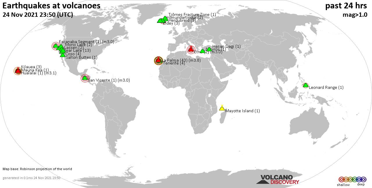 World map showing volcanoes with shallow (less than 50 km) earthquakes within 20 km radius  during the past 24 hours on 24 Nov 2021 Number in brackets indicate nr of quakes.
