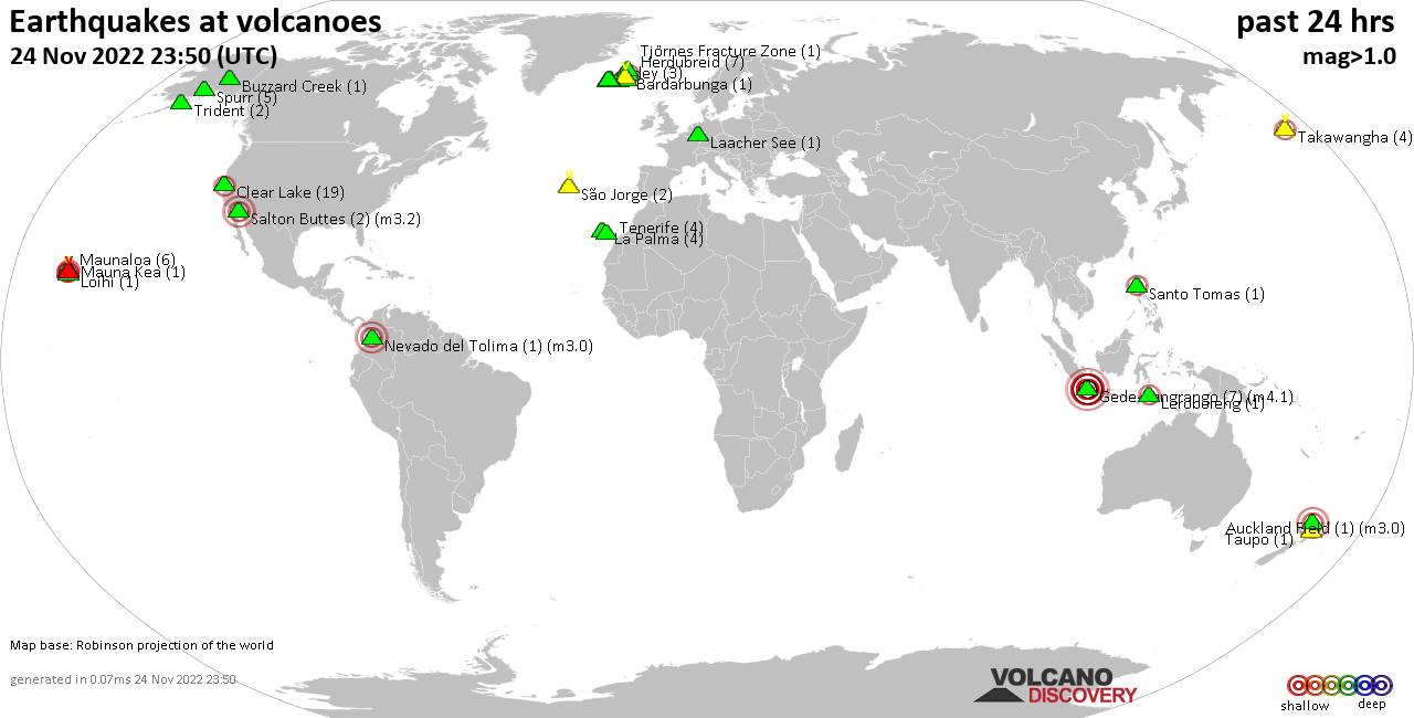 World map showing volcanoes with shallow (less than 50 km) earthquakes within 20 km radius  during the past 24 hours on 24 Nov 2022 Number in brackets indicate nr of quakes.