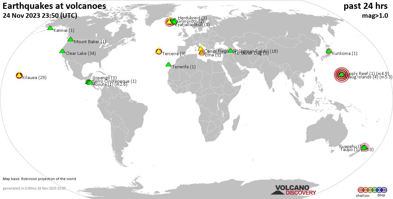 World map showing volcanoes with shallow (less than 50 km) earthquakes within 20 km radius  during the past 24 hours on 24 Nov 2023 Number in brackets indicate nr of quakes.