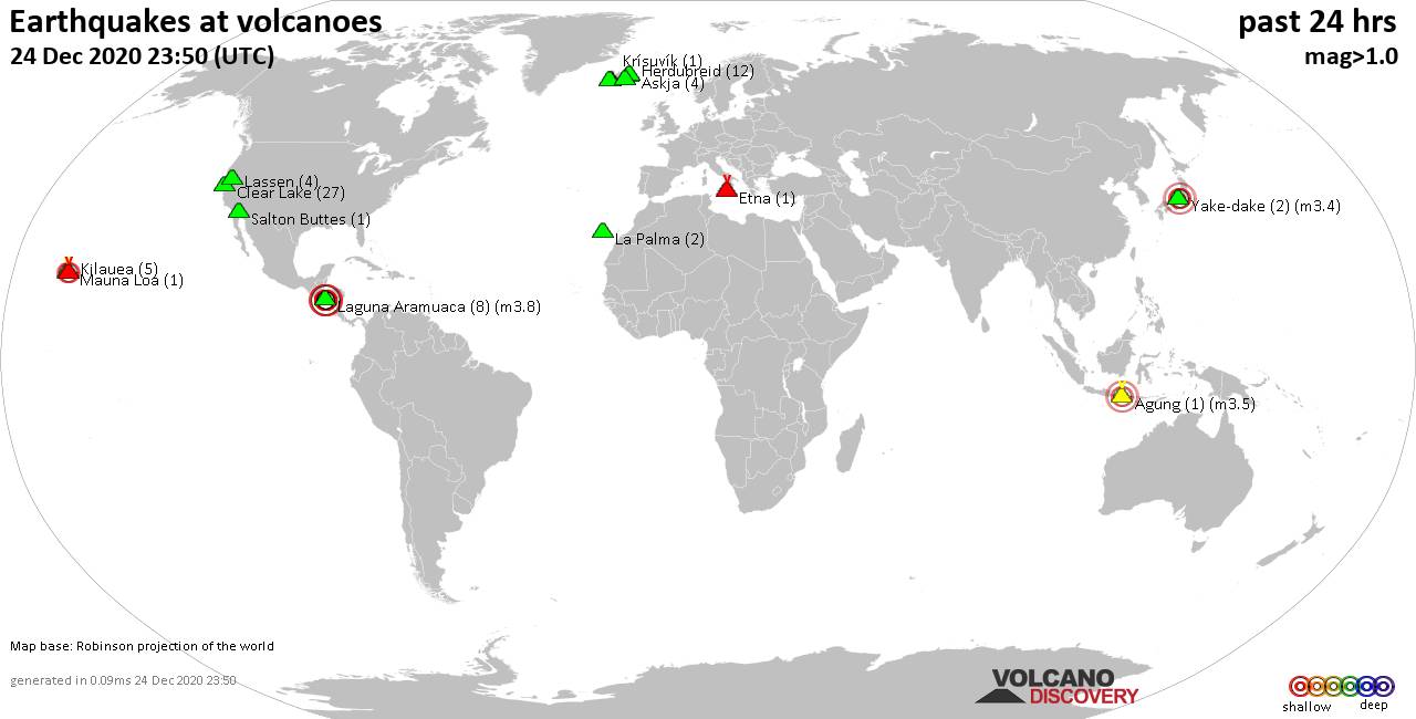 World map showing volcanoes with shallow (less than 20 km) earthquakes within 20 km radius  during the past 24 hours on 24 Dec 2020 Number in brackets indicate nr of quakes.