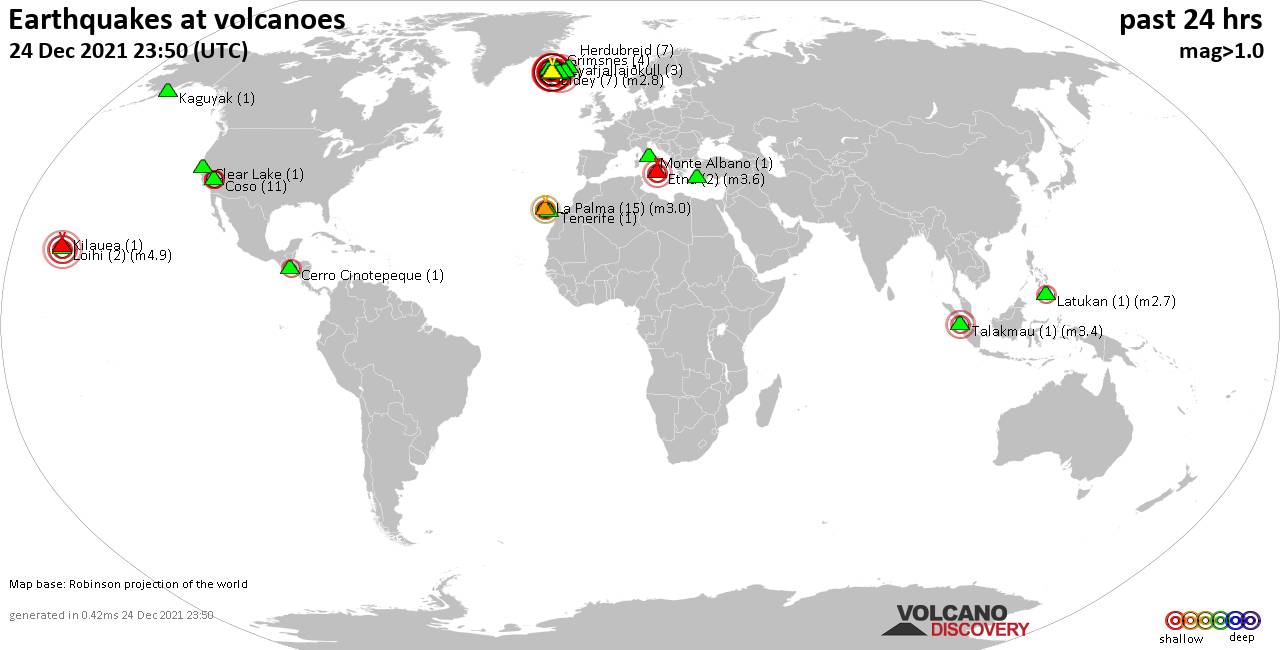 World map showing volcanoes with shallow (less than 50 km) earthquakes within 20 km radius  during the past 24 hours on 24 Dec 2021 Number in brackets indicate nr of quakes.