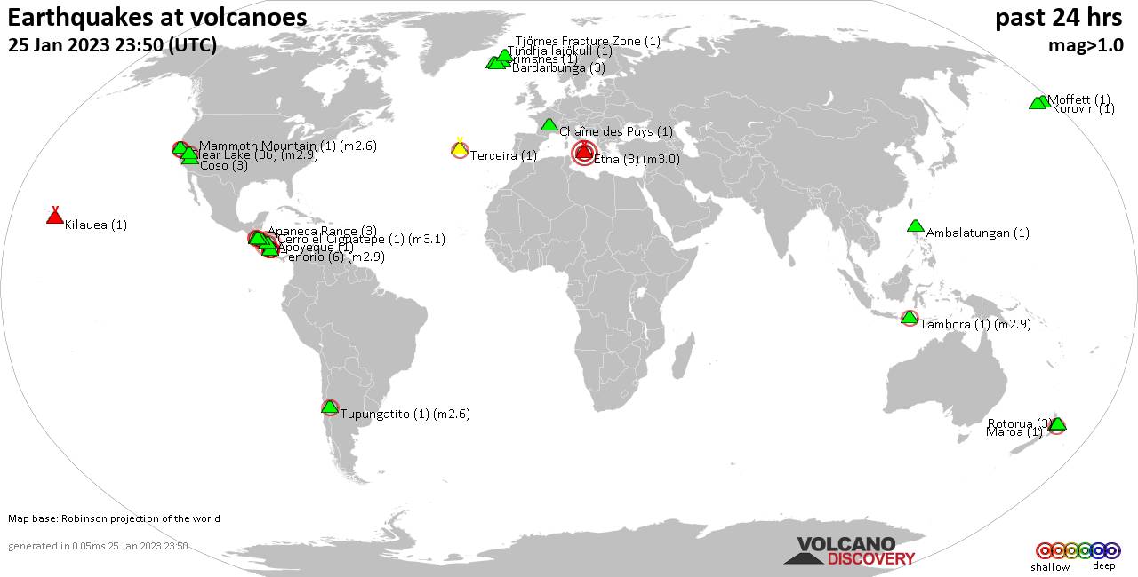 World map showing volcanoes with shallow (less than 50 km) earthquakes within 20 km radius  during the past 24 hours on 25 Jan 2023 Number in brackets indicate nr of quakes.