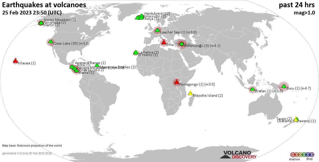 World map showing volcanoes with shallow (less than 50 km) earthquakes within 20 km radius  during the past 24 hours on 25 Feb 2023 Number in brackets indicate nr of quakes.