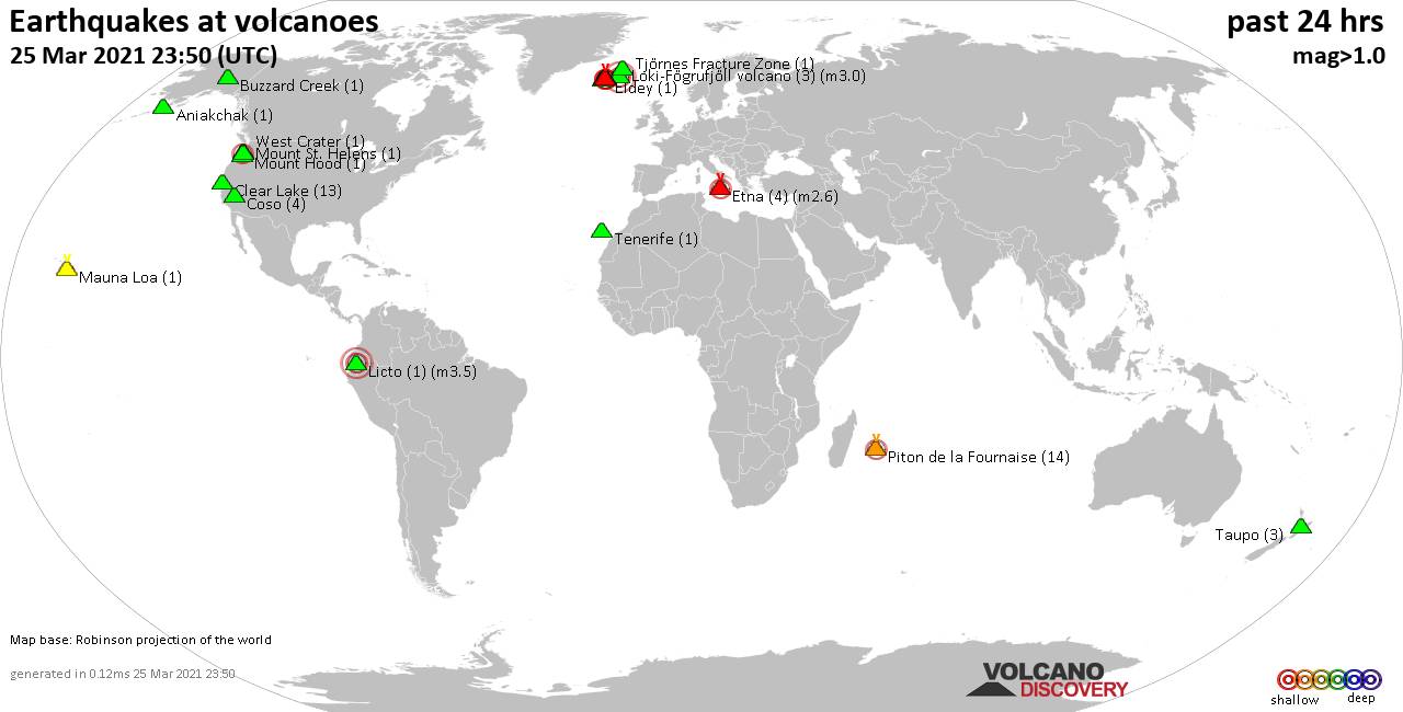 World map showing volcanoes with shallow (less than 20 km) earthquakes within 20 km radius  during the past 24 hours on 25 Mar 2021 Number in brackets indicate nr of quakes.