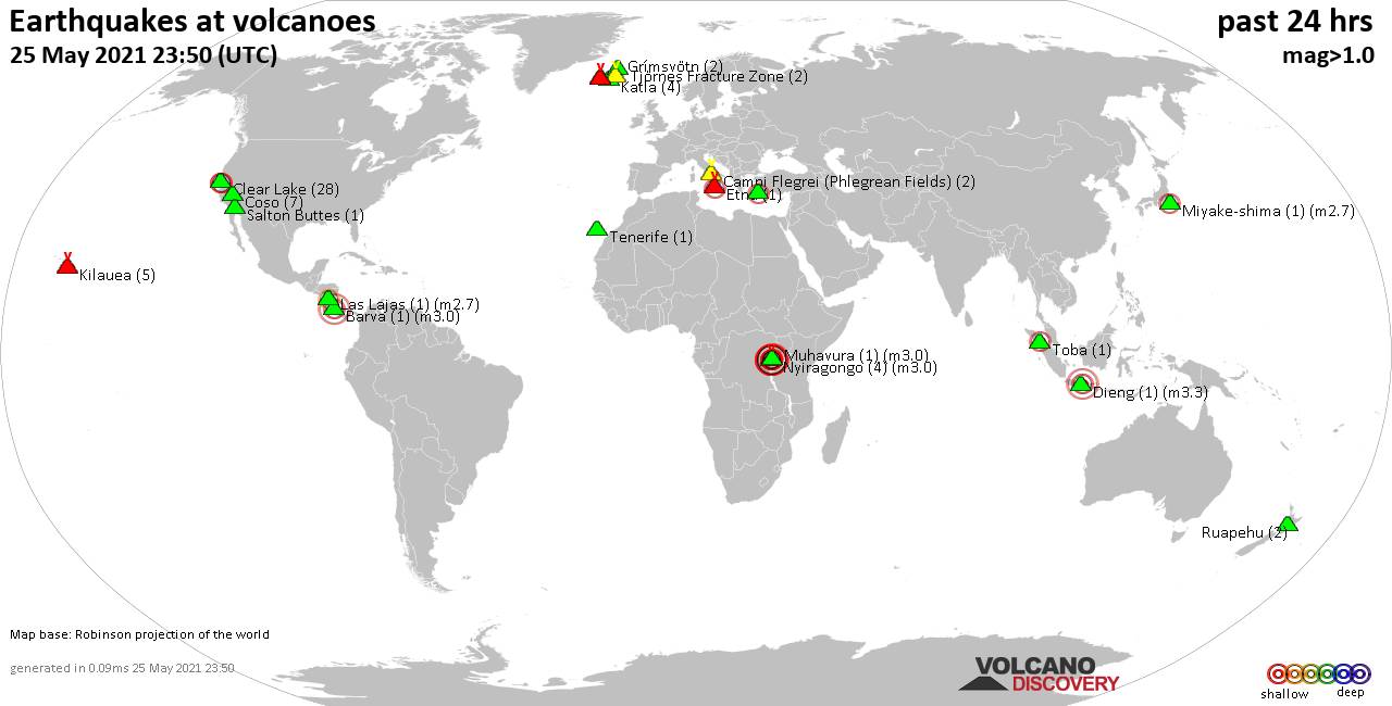 World map showing volcanoes with shallow (less than 20 km) earthquakes within 20 km radius  during the past 24 hours on 25 May 2021 Number in brackets indicate nr of quakes.