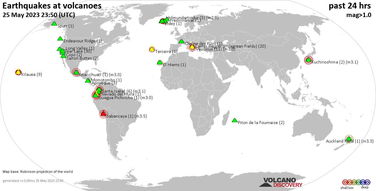 World map showing volcanoes with shallow (less than 50 km) earthquakes within 20 km radius  during the past 24 hours on 25 May 2023 Number in brackets indicate nr of quakes.