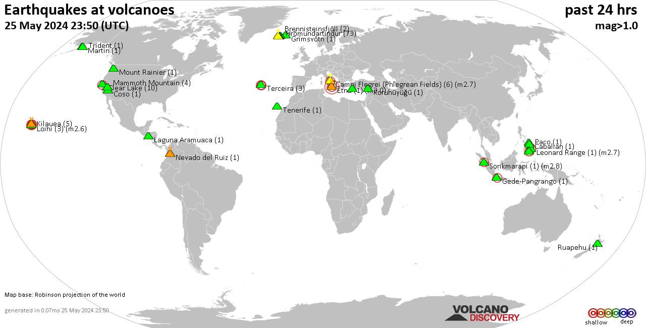 World map showing volcanoes with shallow (less than 50 km) earthquakes within 20 km radius  during the past 24 hours on 25 May 2024 Number in brackets indicate nr of quakes.
