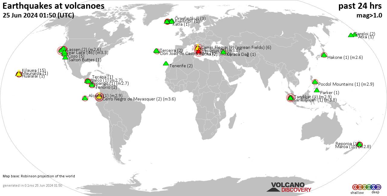 World map showing volcanoes with shallow (less than 50 km) earthquakes within 20 km radius  during the past 24 hours on 25 Jun 2024 Number in brackets indicate nr of quakes.